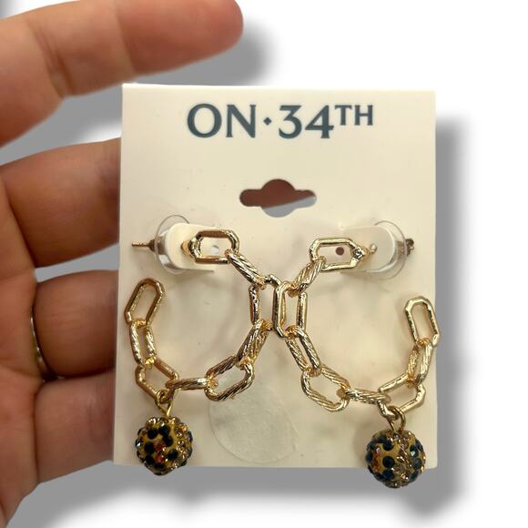 NEW On 34th Earrings Gold Hoops Leopard Pave Ball Chain Link Drop Cheetah - Picture 1 of 10